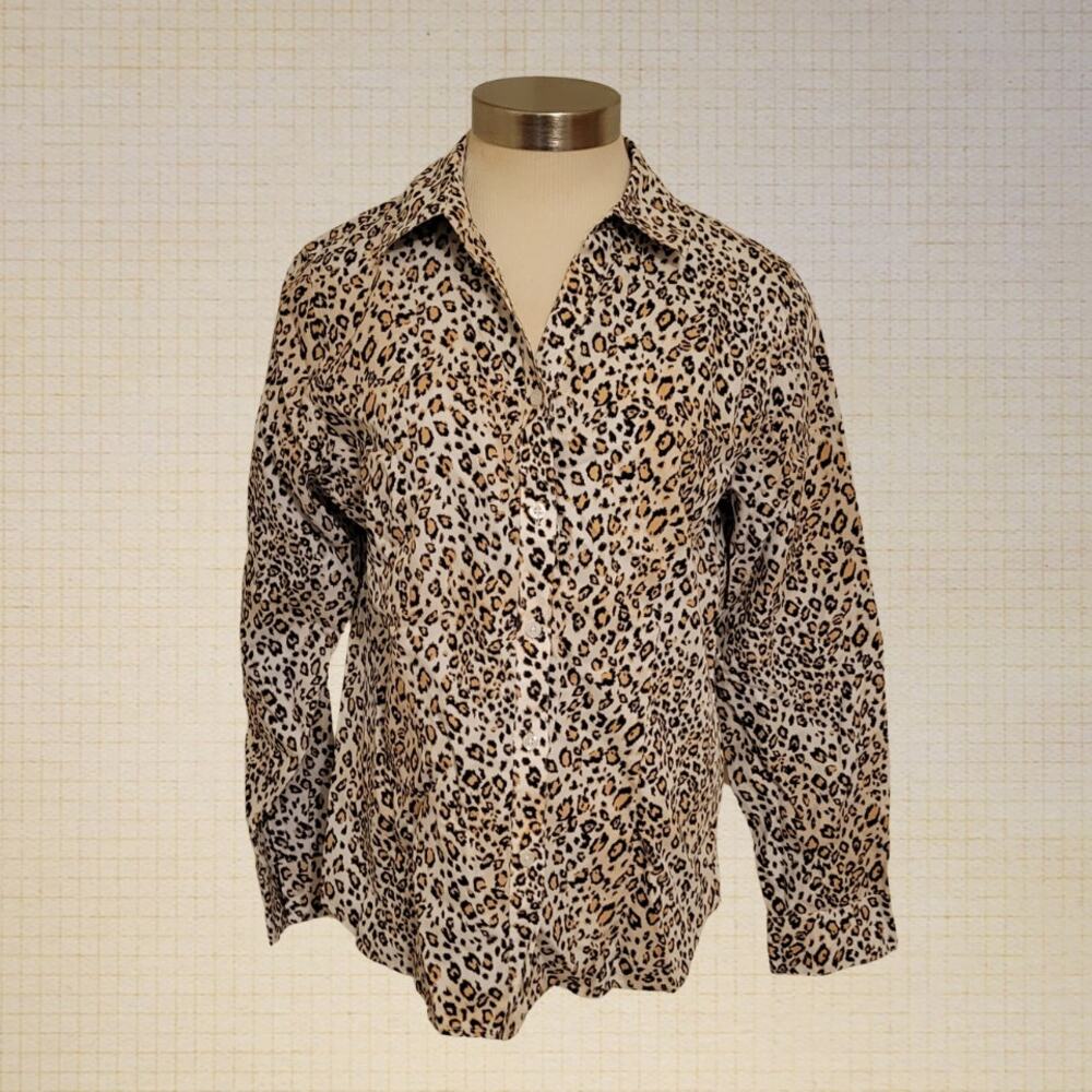 Contemporary Business Casual Chico's Button Down Cotton Blouse Leopard Print 1X
